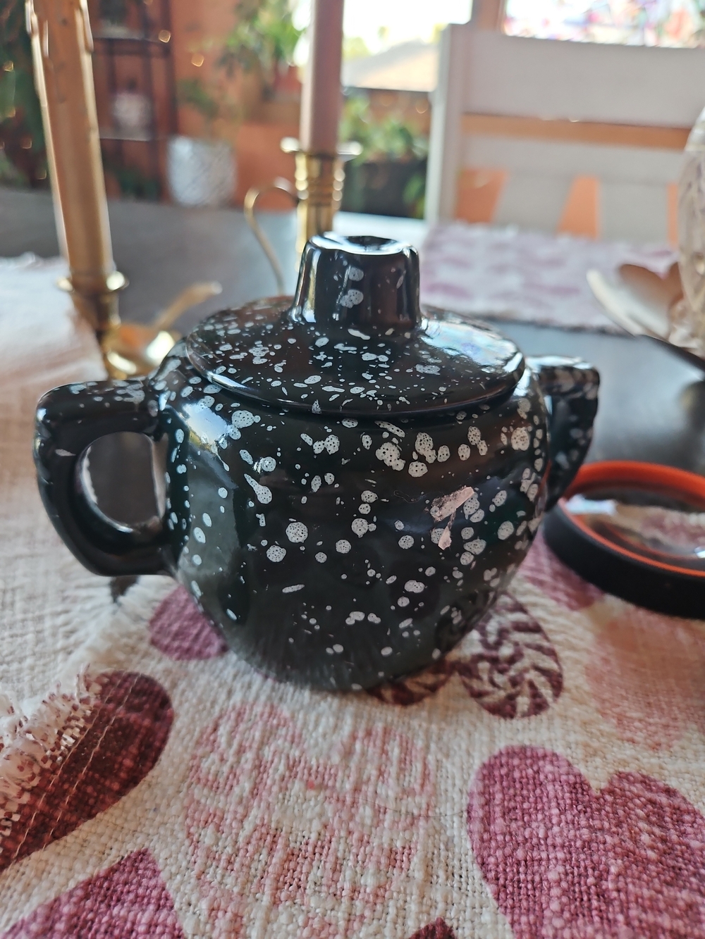 Rare Vintage Frankoma Pottery Dark Green Speckled Lidded Sugar Bowl